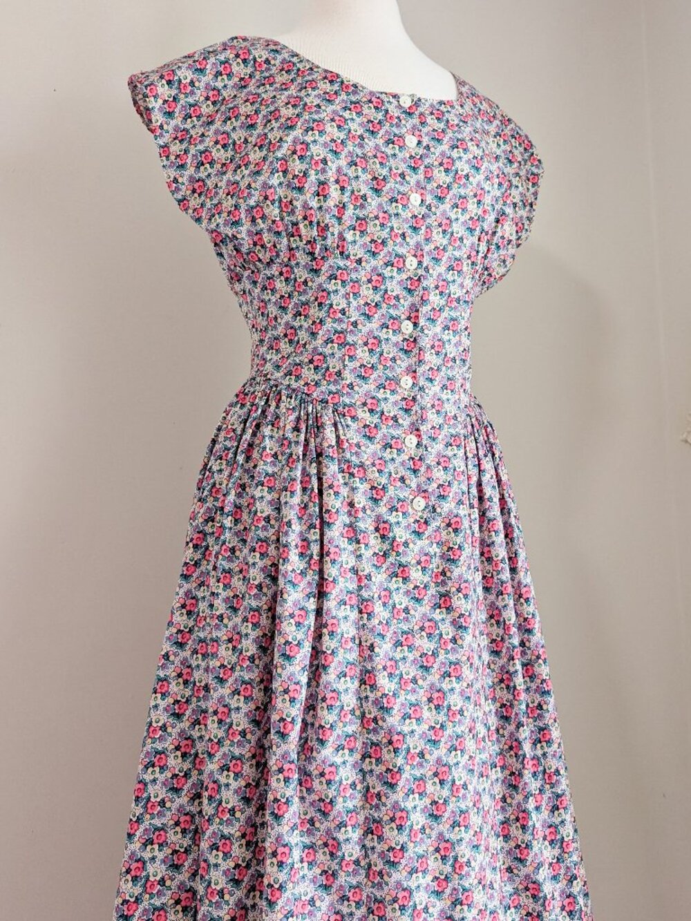 Vintage Floral Button Front Cinched Waist Cotton Midi Dress Size Small 80's - Picture 5 of 11